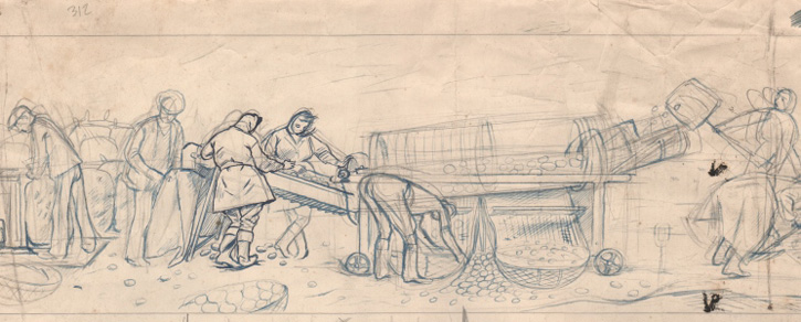 Top half of sketch for 'Potato Sorting, Berwick' (detail)